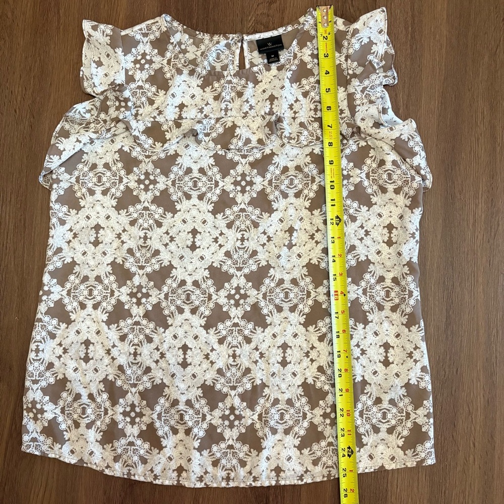 Georgette‎ Blouse Flutter Sleeve Size M Taupe White Feminine Cottagecore Twee - Picture 4 of 10